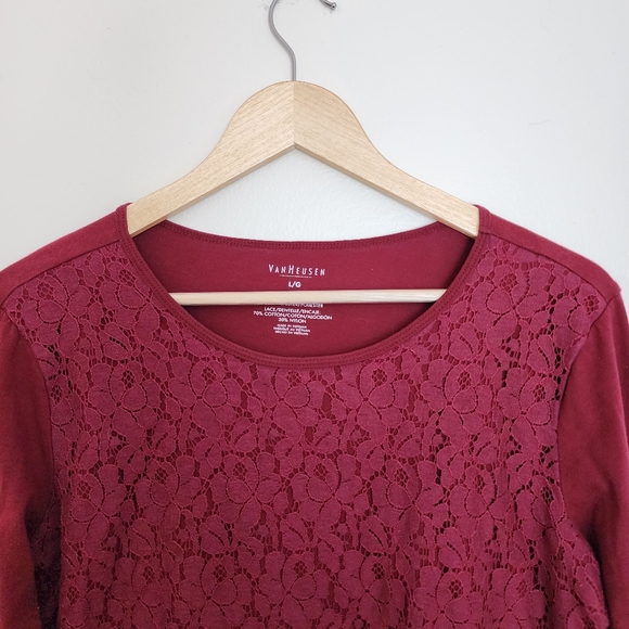 ✨2 for $5✨ Van Heusen Maroon Lace Overlay Top Size Large - Picture 5 of 6